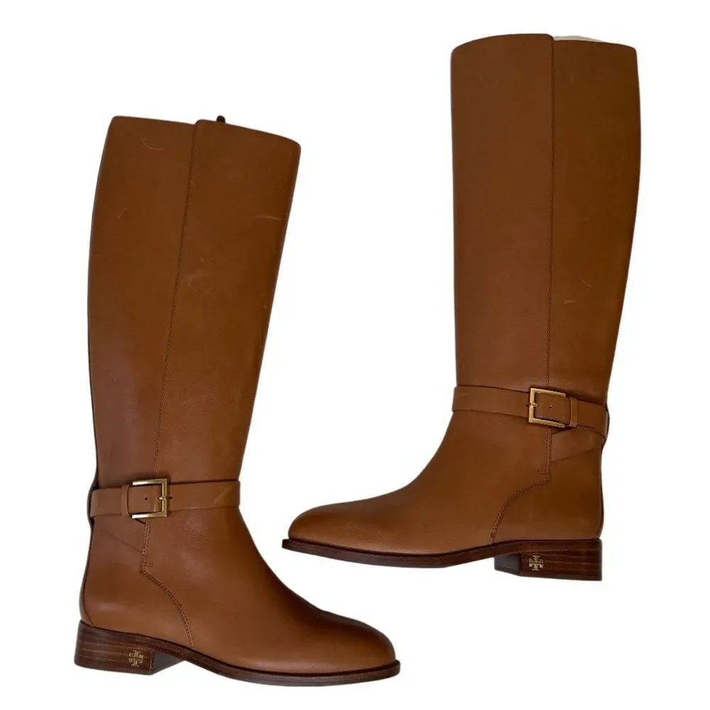 TORY BURCH Brooke Riding Boot Tan Calf Leather NEW - Picture 2 of 13